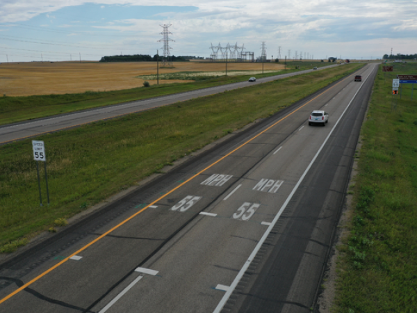 Drone image of ND highway showing speed limits